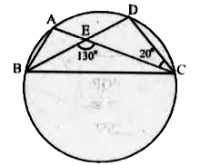 आकृति में, एक वृत्त पर A, B,C और D चार बिन्दु हैं। AC और BD एक बिन्दु E पर इस प्रकार प्रतिच्छेद करते हैं कि angleBEC = 130^(@) तथा angleECD=20^(@) है। angleBAC ज्ञात कीजिए।