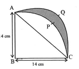 ABCP एक 14 cm त्रिज्या वाले वृत्त का चतुर्थांश है। AC को व्यास मानकर एक अर्द्धवृत्त खींचा गया है। छायांकित भाग का क्षेत्रफल ज्ञात कीजिए।