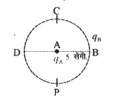 5xx10^(-9)   कूलॉम परिमाण का एक बिन्दु आवेश qA  वायु में बिन्दु A पर रखा है। (चित्र से)। एक दूसरा बिन्दु आवेश qB,  बिन्दु B पर रखा है तथा qB = 4 xx 10^(-9) कूलॉम है। निम्न की गणना कीजिए। यदि AB = 5 सेमी. हो तो -      qA के कारण D पर विभव  |