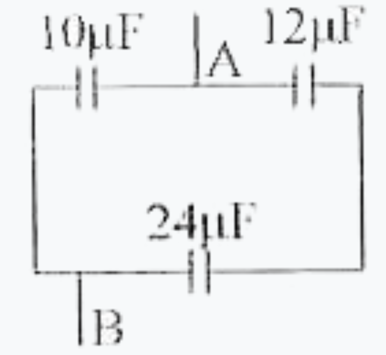 10,12 व 24muF के तीन संधारित्र चित्र के अनुसार जोड़े गये हैं | A व B बिन्दुओं के मध्य धारिता ज्ञात करो ।