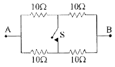 चित्र  में दर्शाये संयोजन  का बिंदु A  व B वे मध्य  तुल्य  प्रतिरोध ज्ञात कीजिये जबकि  ( अ ) स्विच S  खुला हो।