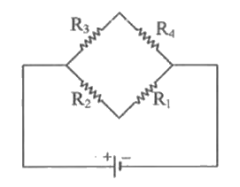 संलग्न चित्र में एक संतुलित व्हीटस्टोन सेतु प्रदर्शित है| R(1),R(2),R(3)  व R(4)   में सम्बन्ध लिखिये।