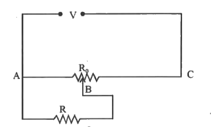 R Omega का कोई प्रतिरोध एक पोंटेशियोमीटर से विधुत धारा प्राप्त कर रहा है।  पोंटेशियोमीटर का कुल प्रतिरोध  R(0) Omega है। पोंटेशियोमीटर को वोल्टता  V की आपूर्ति की गयी है।  जब सर्पी संपर्क ( सरकने वाला भाग या स्लाइड ) पोंटेशियोमीटरके तार के मध्य में हो तो के सिरों पर वोल्टता  के लिए व्यंजक प्राप्त कीजिए।