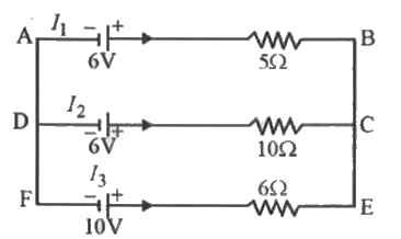 6 वोल्ट, 6 वोल्ट तथा 10 वोल्ट के तीन सेल चित्र के अनुसार परस्पर जुड़े हैं। प्रत्येक प्रतिरोध में धारा की गणना कीजिये।