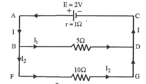 एक सेल जिसका वि. वा. बल 2वोल्ट तथा आंतरिक प्रतिरोध 1 ओम है चित्र में दिखायेनुसार 5 व 10 ओम प्रतिरोध के सिरों से समान्तर क्रम से जुड़ा है।  सेल से प्राप्त धारा व प्रत्येक प्रतिरोध में धारा का मान ज्ञात करो।