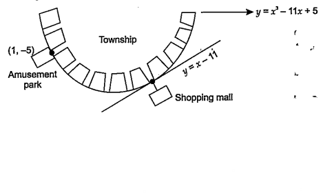 A new township is to be constructed along the curve y=x^3-11x+5. Two attraction i.e., Amusement park and shopping mall is to be made on the this curve. At a point on the curve amusement park is to be constructed and on another point shopping mall is to be constructed at which tangent has the equation y=x-11.   What is the slope of tangent at the curve ?