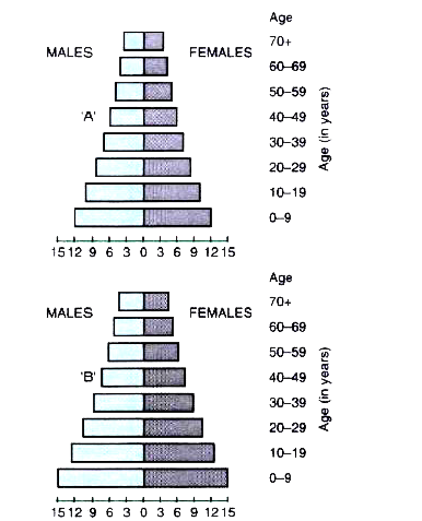 A country with a high rate of population growth took measures to reduce it. The figure below shows are sex pyramids of populations. A and B twenty years apart. Select the correct interpretation about them.      Interpretations