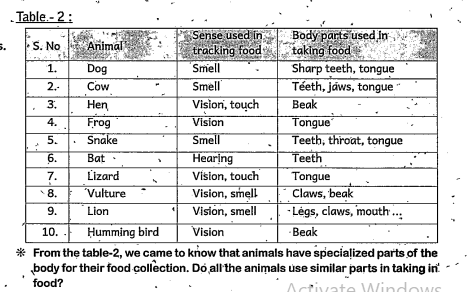 Write the body parts of animals that are used to collect or capture food.