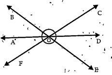 Name three pairs of vertically opposite angles in the figure if angleAOB=45^@ then find angle DOE