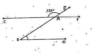 In the given figure vecCF||vec(BD),vec(BE) is a transversal angle CAE=135^@ then find angle ABD
