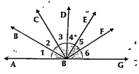 In the given figure vec(AG) is a straight line find the value of angle1+angle2+angle3+angle4+angle5+angle6?