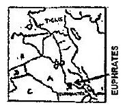 The rough outline map shows a portion of the Middle East. The countries labelled A, B, C and w are respectively :