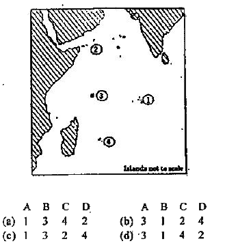 In the map given below, four islands of Indian  Ocean region , (A) Seychelles, (B) Chagos, (C) Mauritius and (D) Socotra are marked as 1, 2, 3 and Match them and select the correct answer from the codes given below :