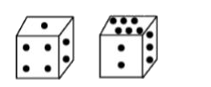 Two positions of a dice are shown below. When there are five dots at the top, how many dots will be at the bottom?