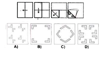 A piece of paper is folded and cut as shown below in the question figues From thegiven answer figures, indicate how it will appear when opened.