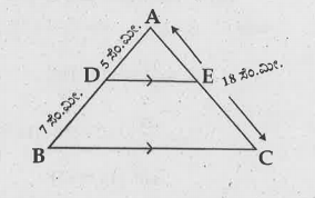 triangle ABC ಯಲ್ಲಿ DE||BC. AD= 5 ಸೆಂ.ಮೀ., BD =7 ಸೆಂ.ಮೀ. ಮತ್ತು
AC = 18 ಸೆಂ.ಮೀ. ಗಳಾದರೆ AE ಯನ್ನು 
ಕಂಡುಹಿಡಿಯಿರಿ.
