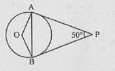 ಕೊಟ್ಟಿರುವ ಚಿತ್ರದಲ್ಲಿ PA ಮತ್ತು PB ಗಳು O ವೃತ್ತಕ್ಕೆ ಎಳೆದ ಸ್ಪರ್ಶಕಗಳಾಗಿದ್ದು angle APB=50^o ಮತ್ತುangle OAB= ?