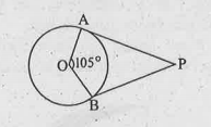 ಪಕ್ಕದ ಚಿತ್ರದಲ್ಲಿ /AOB = 105^circ, AP & BP ಗಳು 'O' ಕೇಂದ್ರವುಳ್ಳ ವೃತ್ತಕ್ಕೆ ಸ್ಪರ್ಶಕಗಳಾಗಿದ್ದರೆ /APB ನ
ಬೆಲೆಯನ್ನು ಕಂಡುಹಿಡಿಯಿರಿ.