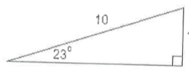 As shown above, a 10 - foot ramp forms an angle of 23^(@) with the ground, which is horizontal. Which of the following is an expression for the vertical rise, in feet, of the ramp?