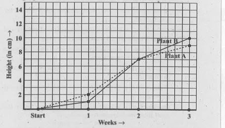 For an experiment in botany,two different plants,plant A and plant B were grown under similar laboratory conditions.Their heights were measured at the end of each week for 3 weeks.The results are shown by the following graph.(a)How high was plant A after (i) 2 Weeks (ii)3 Weeks? (b)How high was plant B after (i) 2Weeks (ii)3 weeks? (c) How much did plant A grow during the 3rd week? (d)How much did plant B grow from the end of the 2nd week to the end of the 3rd week? (e) During which week did plant A grow most? (f)During which week did plant B grow least? (g)Were the two plants of the same height during any week shown here?Specify.