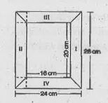 Diagram of the Adjacent picture frame has outer dimensions =24 cm xx 28 cm and inner dimensions 16 cm xx 20 cm.Find the area of each section of the frame,if the width of each section is same.
