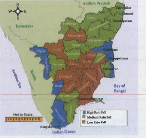 Look at the map of Tamilnadu showing annual rainfall and answer the questions given below. ldentify the districts that get only low annual rainfall in Tamilnadu.