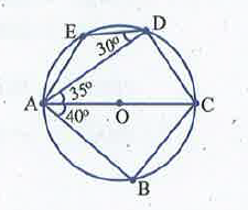 கொடுக்கப்பட்டுள்ள படத்தில் O-வை மையமாகக் கொண்ட வட்டத்தின் விட்டம் AC. இங்கு, /ADE = 30^@, /DAC = 35^@ /CAB = 40^@ எனில், /ACD காண்க.
