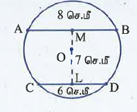படத்தில் AB மற்றும் CD ஆனது Oவை மையமாகக் கொண்ட வட்டத்தின் இரு இணையான நாண்கள். மேலும், AB = 8 செ.மீ, CD = 6 செ.மீ, OM | AB, OL | CD இடைப்பட்ட தூரம் LM ஆனது 7 செ.மீ எனில், வட்டத்தின் ஆரம் காண்க?