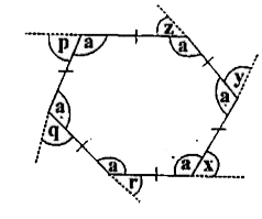 Take a regular hexagon Fig.      What is the sum of the measures of its exterior angles x, y , z,  p , q , r ?.