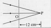 Figure given below shows a beam of light converging at point P. When a concave lens of focal length 16 cm is introduced in the path of the beam at a place O shown by dotted line such that OP becomes the axis of the lens, the beam converges at a distance x from the lens. The value x will be equal to