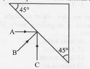 A, B, C in the diagram represent rays of light incident upon a face of a right-angled prism. Before emerging from the prism, which ray (or rays) will experience total internal reflection?