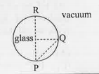 It is found that all electromagnetic signals sent from P towards Q reach point R. The speed of electromagnetic signals in glass cannot be <b>