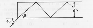 In figure, the optical fibre is l = 2 m long and has a diameter of  d = 20 mu m. If a ray of light is theta1 = 40^@, the number of reflections it makes before emerging from the other end is1.31 and sin 40^@ = 0.64)