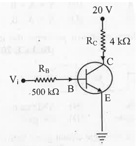 In the circuit shown in the figure, the input voltage Vi is 20 V, V(BE) = 0 and V(CE) = 0. The values of IB, IC and beta are given by