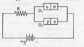 figure shows ttwo p-n junction diodes alond with aresistance R and a dc battery E. the path of flow of appreciable current in the circuit is,