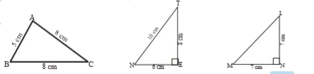 Classify the following triangles according to their (i) sides  and (ii) angles.          (2)  Write the six elements (i.e. the 3 sides and 3 angles) of Delta ABC.   (3) Write the side opposite to vertex Q in Delta PQR.   (4) Write the angle opposite to side bar(LM) in Delta LMN.     (5) Write the vertex opposite to side bar(RT) in Delta RST.   If we consider triangles in terms of both sides and angles we can have the following types of triangles: