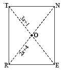 RENT is a rectangle. Its diagonals intersect at O. Find x, if OR = 2x + 4 and OT = 3x +1.