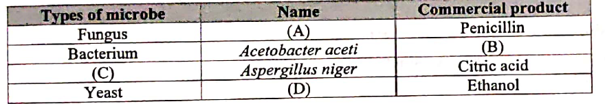 Roll of Microbes in Industrial Production :   What are A , B, C and D in the table given below ?