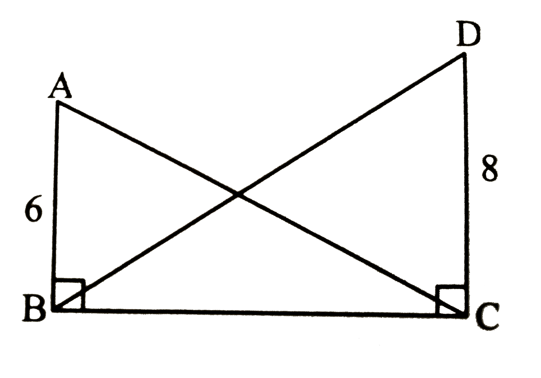 In the adjoining figure, angleABC =  angleDCB = 90^@ , AB = 6 , DC = 8, then   (A(DeltaABC))/(A(DeltaDCB)) = ?