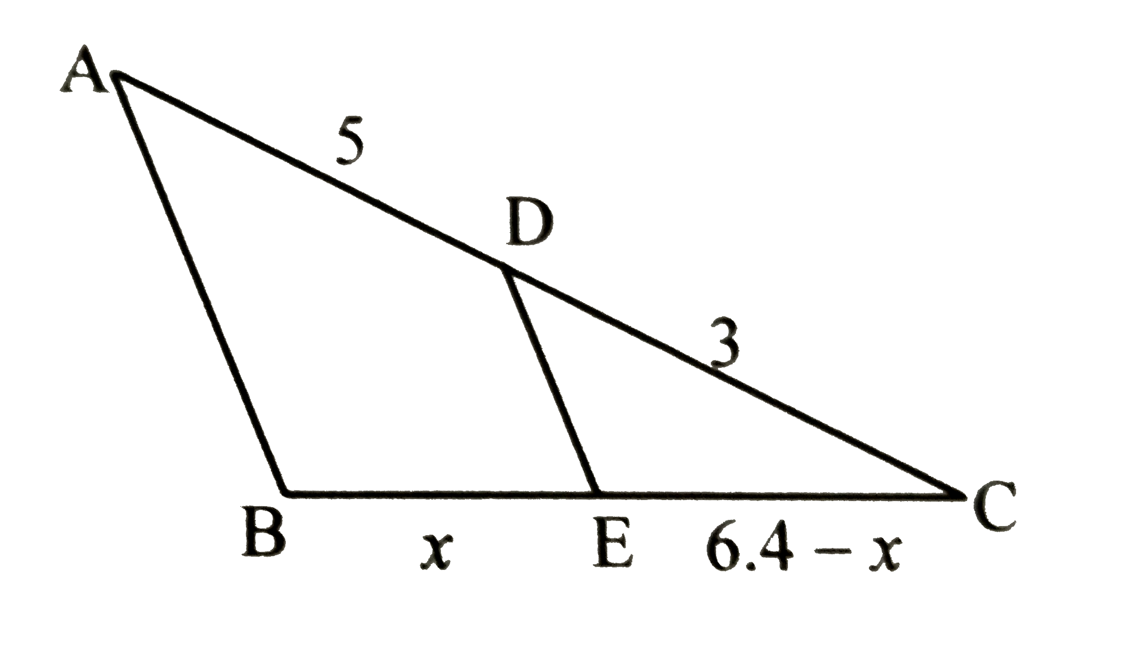 In the adoining figure, A - D - C and B - E -C . Seg DE abs() side AB. If AD = 5, DC = 3, BC = 6.4, then find BE.