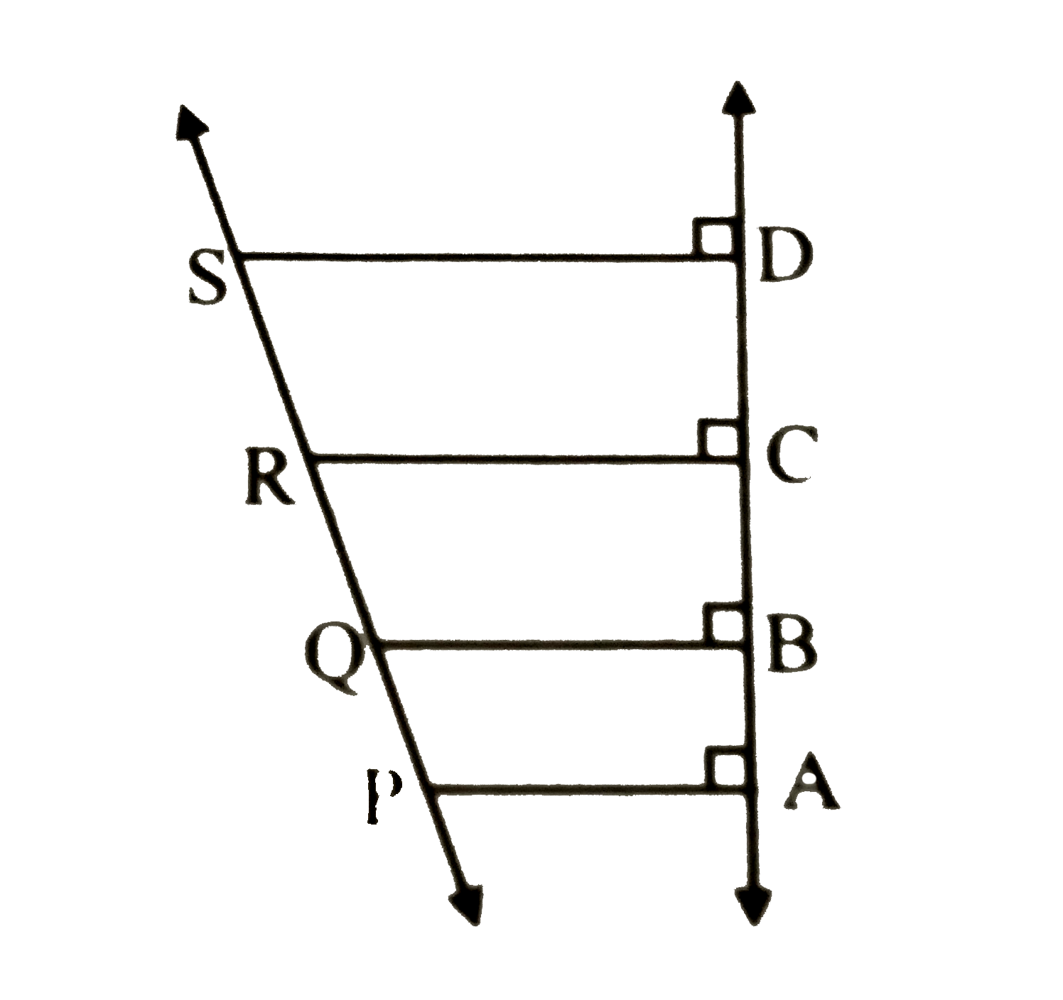 In the adjoining figure, seg PA , seg QB, seg RC and seg SD are perpendicular to line AD. AB = 60, BC = 70, CD = 80, PS = 280, then   find PQ, QR and RS.