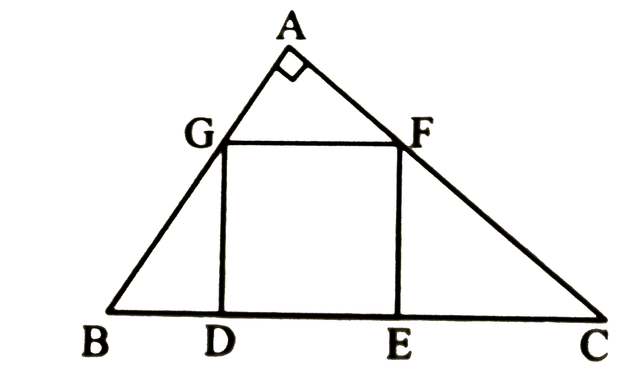 In the adjoining figure, the vertices of square DEFG are on the sides of DeltaABC. If angleA = 90^@, then prove that DE^2  = BD xx EC.