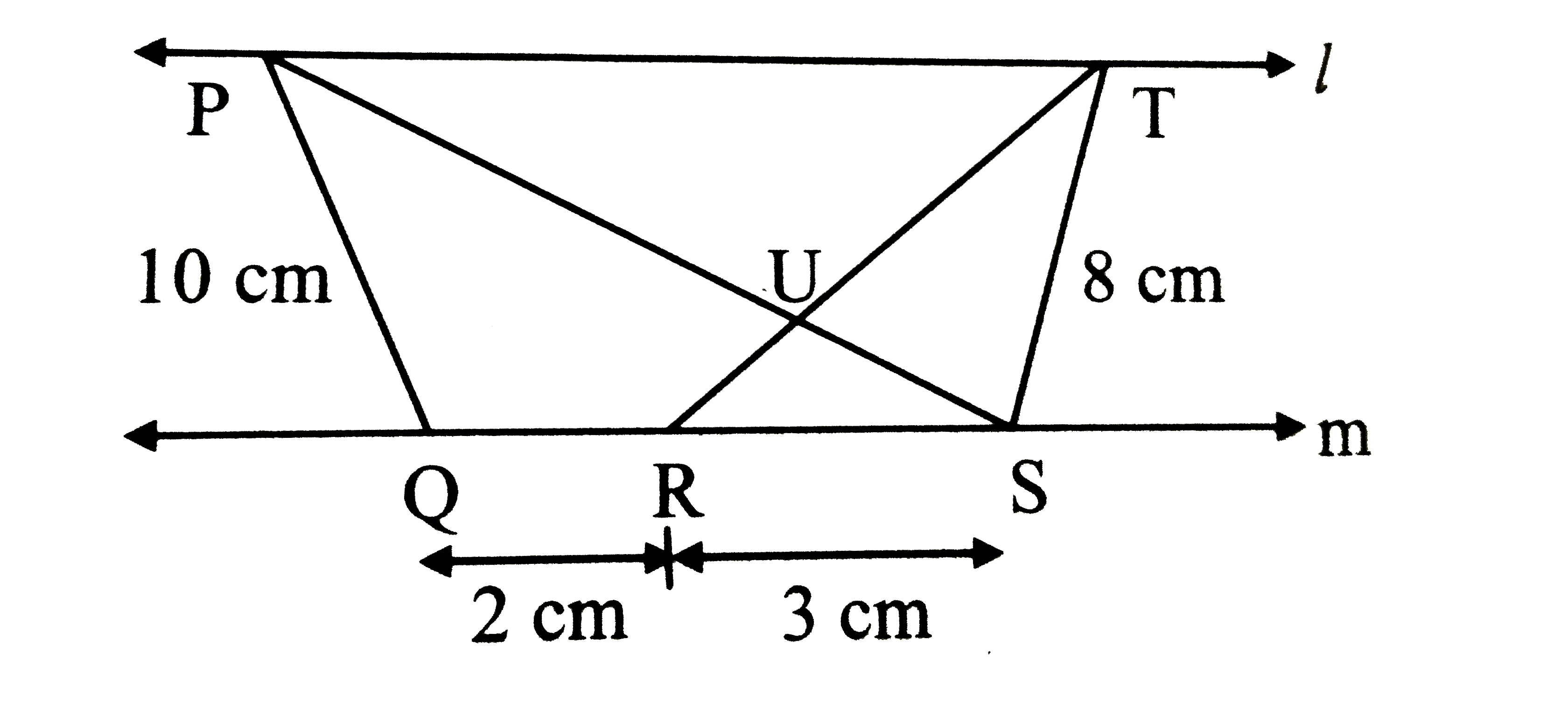 For the figure given below, if line l abs() line m,   then (A(DeltaPQS))/(A(DeltaTRS))= .