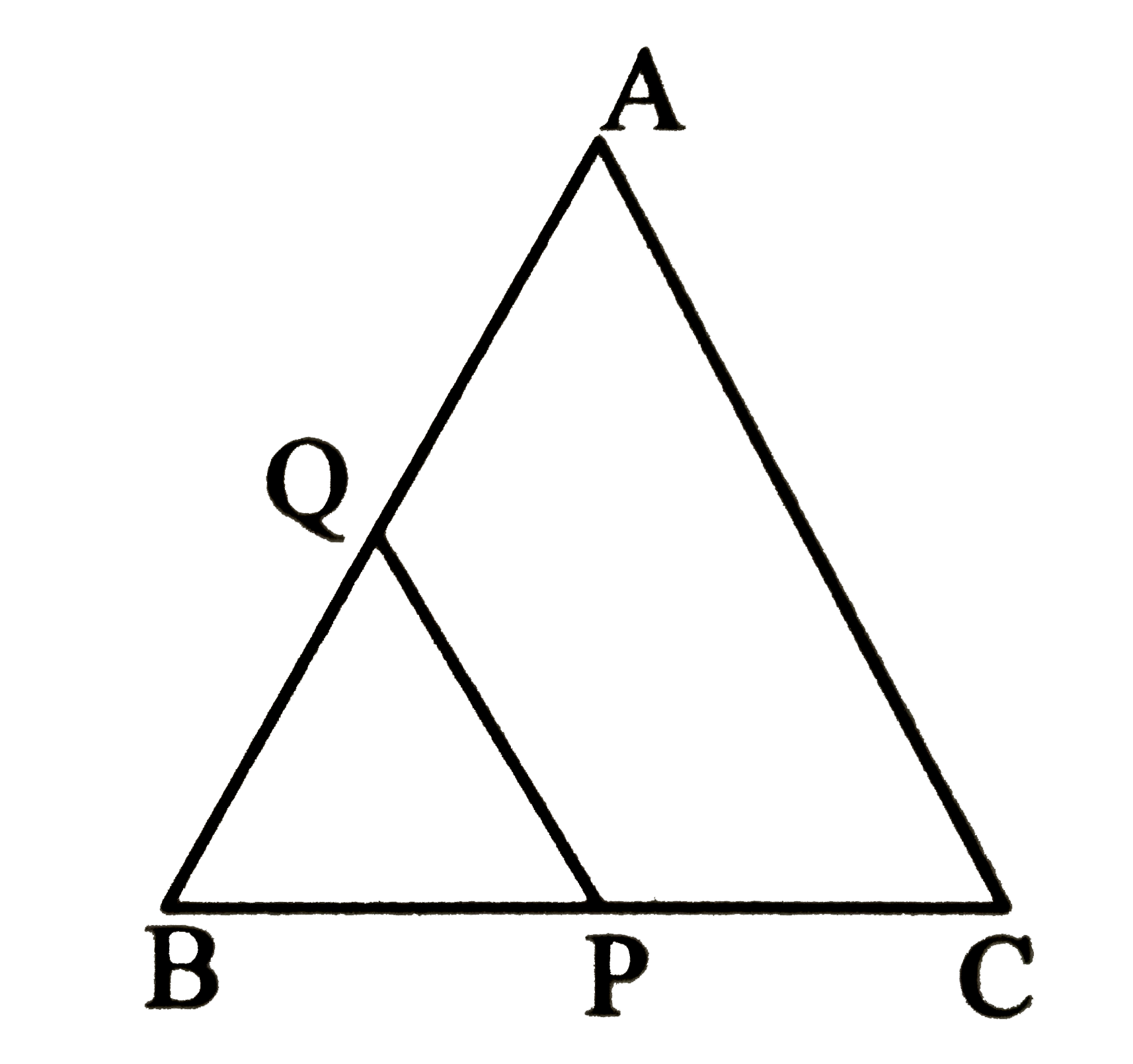 In the figure, DeltaABC ~ DeltaBPQ. If AB = BC and P is the midpoint    of seg BC, then A(DeltaABC):A(DeltaBPQ)=