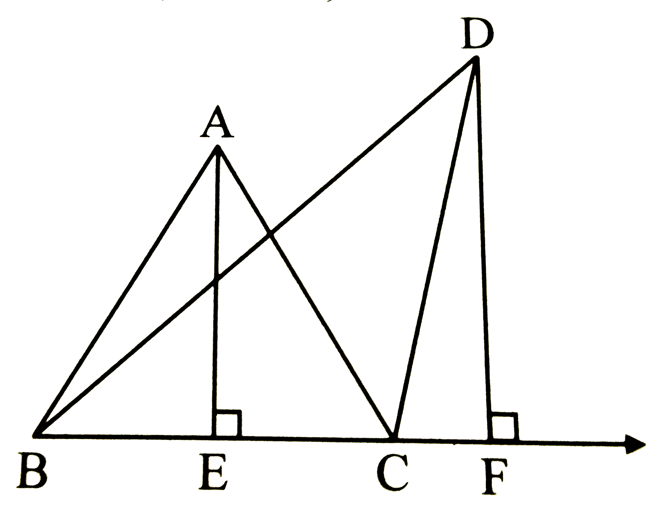 In given figure, seg AE bot seg BC, seg DF bot line BC,   AE = 4, DF = 6, then find (A(DeltaABC))/(A(DeltaDBC)).