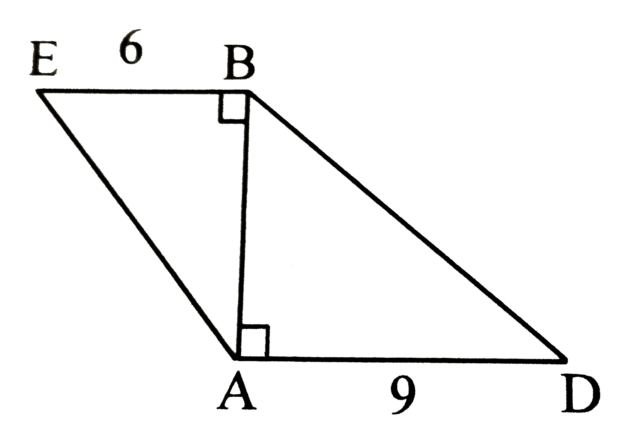 In the given figure, seg BE  bot seg AB and seg BA bot seg AD.   If BE = 6 and AD = 9, then find (A(DeltaABE))/(A(DeltaBAD)).