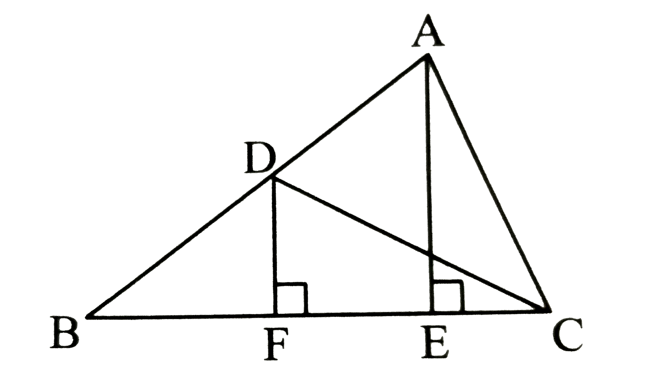 In the given figure, seg AEbot seg BC and seg DF botseg BC. Find   i.(A(DeltaABC))/(A(DeltaDBC))  ii. (A(DeltaDBF))/(A(DeltaDFC))  iii. (A(DeltaAEC))/(A(DeltaDBF))