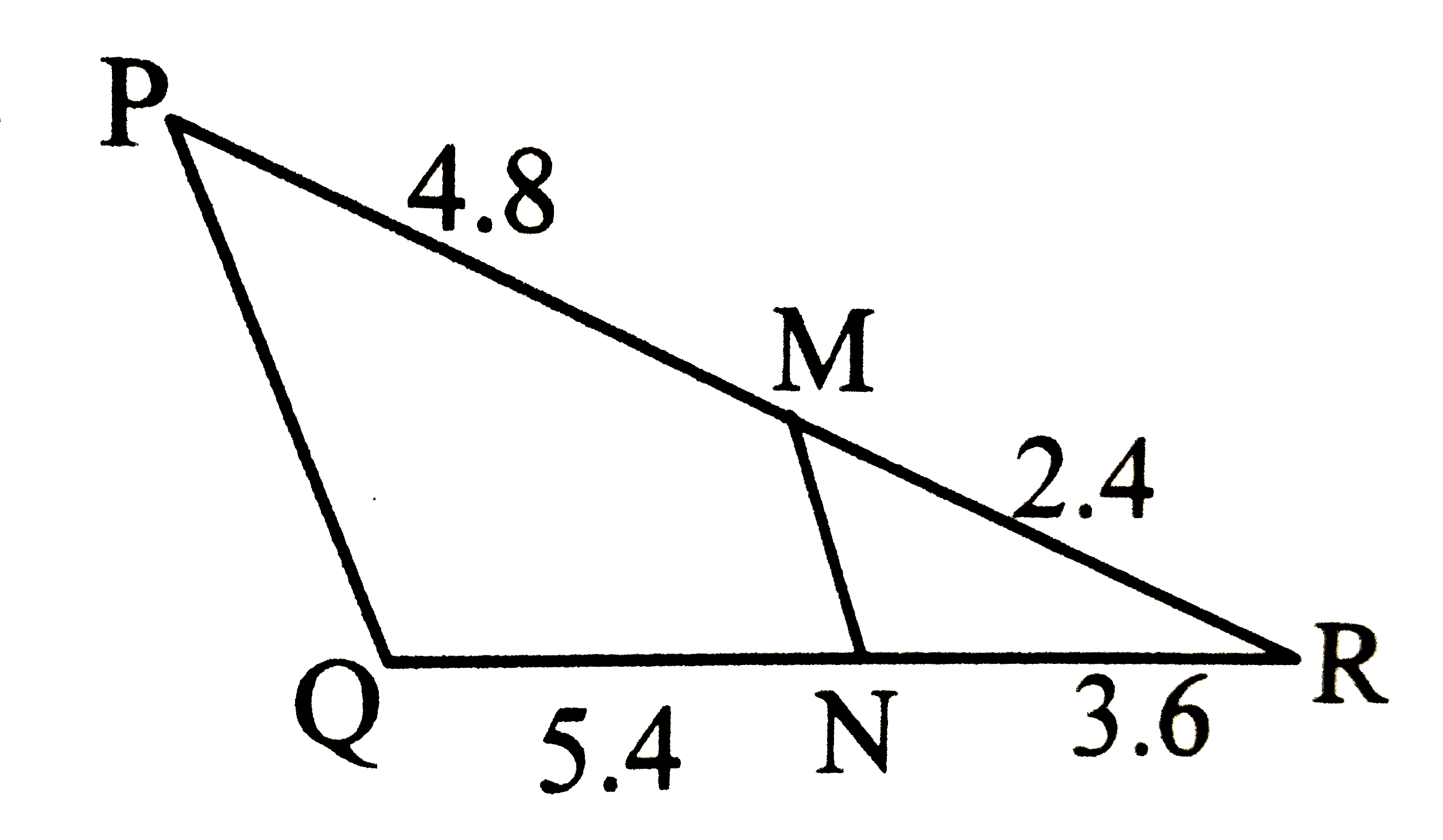 In the adjoining figure, PM = 4.8, MR = 2.4, QN = 5.4, NR = 3.6.   State with  reason whether seg MN is Parallel to side PQ or not?