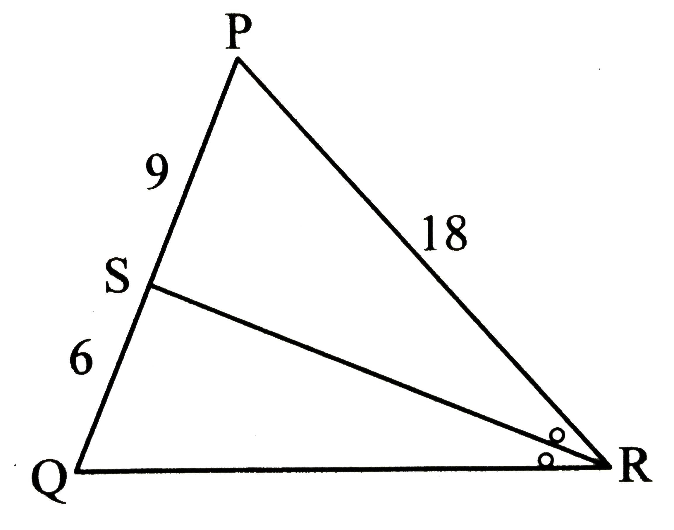 In the following figure, in DeltaPQR, seg RS is the bisector of anglePRQ.   If PS = 9, SQ = 6, PR = 18, find QR.