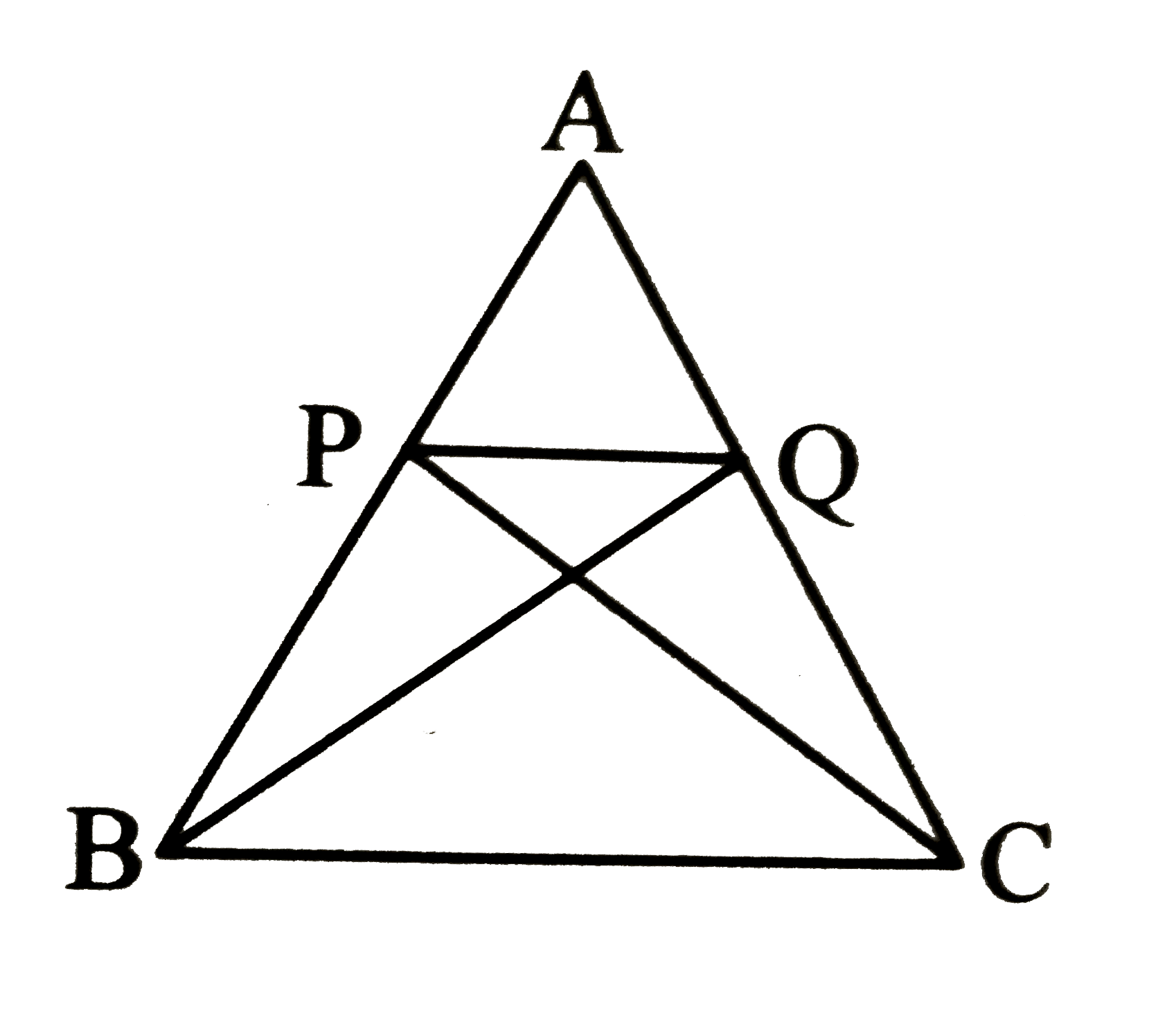 Choose the correct alternative.  In the given figure, if seg PQabs() BC, then (A(DeltaBPQ))/(A(DeltaCQP))=     (a) (PQ)/(BC)      (b) (PQ)/(QC) (c) (QC)/(BP) (d) 1/1